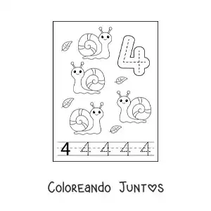 Imagen para colorear de actividad para trazar el número 4 y contar con dibujos animados
