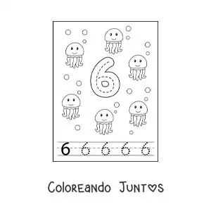 Imagen para colorear de actividad para trazar el número 6 y contar con dibujos animados