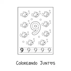 Imagen para colorear de actividad para trazar el número 9 y contar con dibujos animados