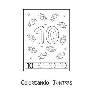 Imagen para colorear de actividad para trazar el número 10 y contar con dibujos animados
