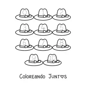 Imagen para colorear de actividad para trazar los números del 1 al 10 con sombreros