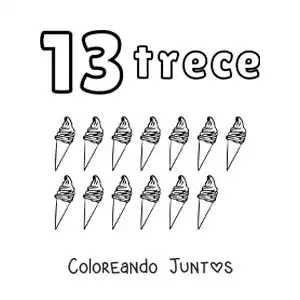 Imagen para colorear de ficha del número 13 para aprender a contar con dibujos divertidos
