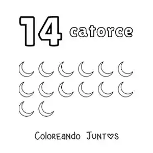 Imagen para colorear de ficha del número 14 para aprender a contar con dibujos divertidos