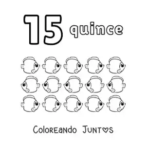 Imagen para colorear de ficha del número 15 para aprender a contar con dibujos divertidos