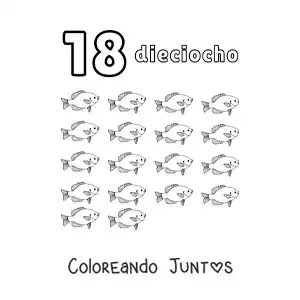 Imagen para colorear de ficha del número 18 para aprender a contar con dibujos divertidos