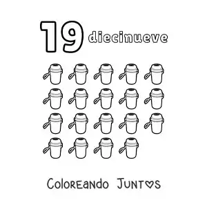 Imagen para colorear de ficha del número 19 para aprender a contar con dibujos divertidos