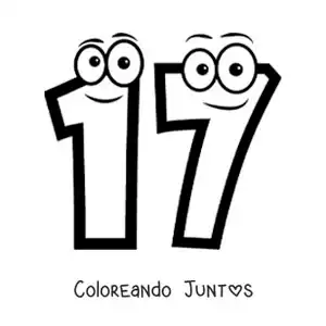 Imagen para colorear del número 17 animado para niños