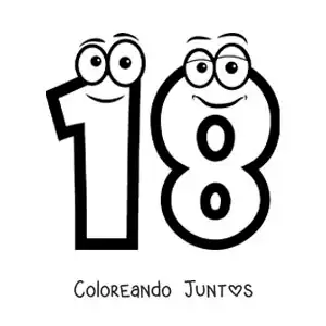 Imagen para colorear del número 18 animado para niños