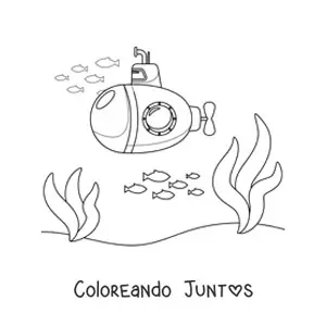 Imagen para colorear de un submarino animado en el fondo del mar