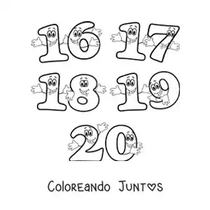 Imagen para colorear de los números del 16 al 20 animados para niños