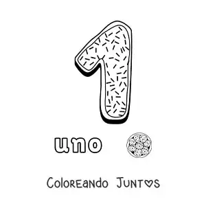Imagen para colorear del número 1 animado con forma de galleta y objetos para contar