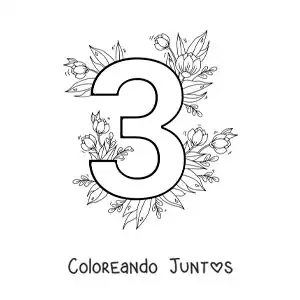 Imagen para colorear del número 3 decorado con flores