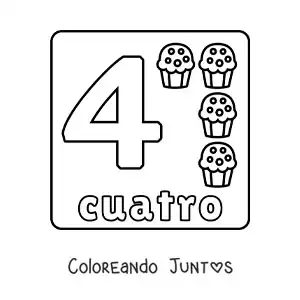 Imagen para colorear del número 4 con objetos para aprender a contar