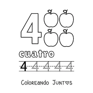 Imagen para colorear del número 4 con objetos para aprender a contar y trazar