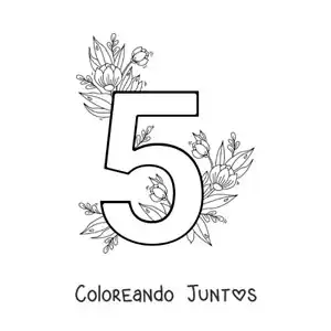 Imagen para colorear del número 5 decorado con flores