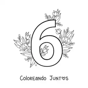 Imagen para colorear del número 6 decorado con flores