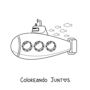 Imagen para colorear de un submarino de tres ventanas junto a un cardúmen de peces