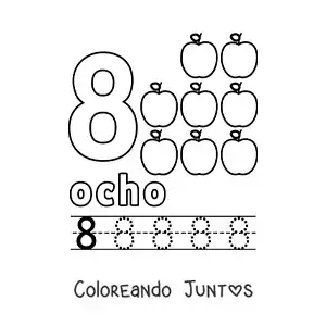 Imagen para colorear del número 8 con objetos para aprender a contar y trazar