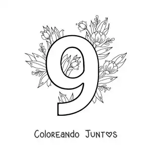 Imagen para colorear del número 9 decorado con flores