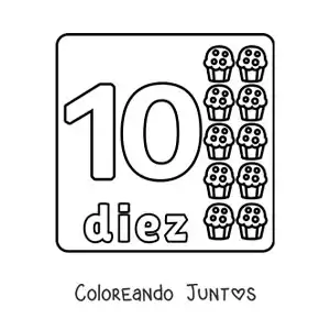Imagen para colorear del número 10 con objetos para aprender a contar