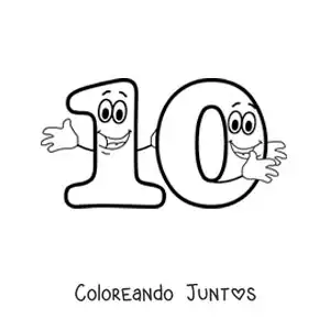 Imagen para colorear del número 10 animado bailando para niños
