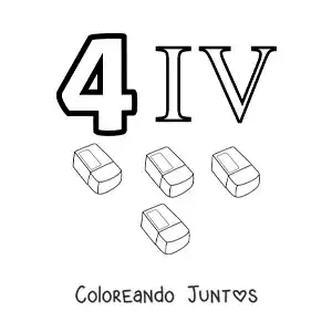 Imagen para colorear de ficha del 4 en números romanos con dibujos animados