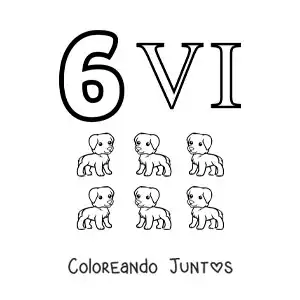 Imagen para colorear de ficha del 6 en números romanos con dibujos animados