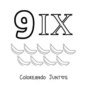 Imagen para colorear de ficha del 9 en números romanos con dibujos animados