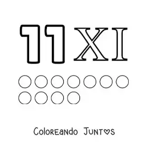 Imagen para colorear de ficha del 11 en números romanos con dibujos animados