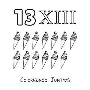 Imagen para colorear de ficha del 13 en números romanos con dibujos animados