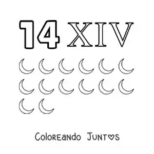 Imagen para colorear de ficha del 14 en números romanos con dibujos animados