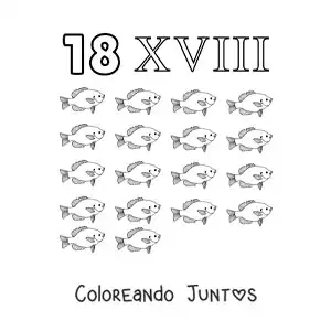 Imagen para colorear de ficha del 18 en números romanos con dibujos animados