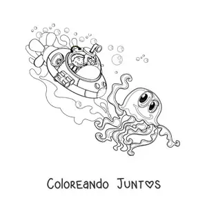 Imagen para colorear de un pulpo animado y dos niños en un submarino