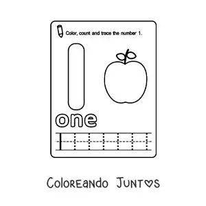 Imagen para colorear de ficha para aprender el número 1 en inglés con frutas