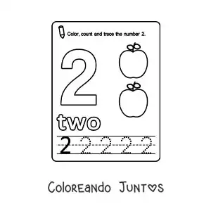 Imagen para colorear de ficha para aprender el número 2 en inglés con frutas