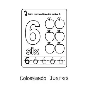 Imagen para colorear de ficha para aprender el número 6 en inglés con frutas