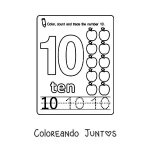 Imagen para colorear de ficha para aprender el número 10 en inglés con frutas