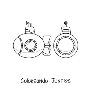 Imagen para colorear de la vista frontal y lateral de un submarino espía con periscopio