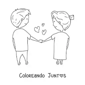 Imagen para colorear de pareja de enamorados tomados de la mano con corazones