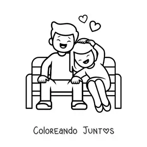 Imagen para colorear de pareja de novios sentados riendo juntos con corazones