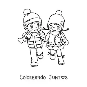 Imagen para colorear de niño y niña tomados de la mano en invierno