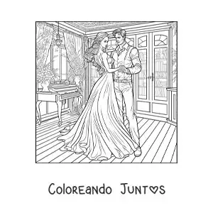 Imagen para colorear de pareja vintage elegante bailando el vals en una casa