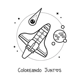 Imagen para colorear de un cohete en el espacio junto a asteroides y planetas