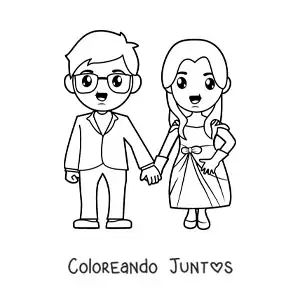 Imagen para colorear de pareja de novios tomados de la mano en su boda