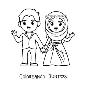 Imagen para colorear de novio y novia con hijab en su boda