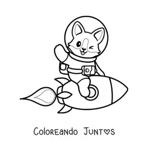 Imagen para colorear de un perro animado con traje espacial sobre un cohete