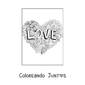 Imagen para colorear de mandala de corazón con letras que dicen love