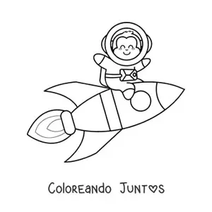 Imagen para colorear de un mono animado con traje espacial sobre un cohete