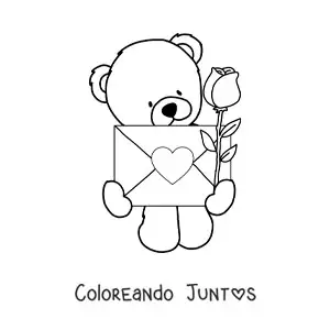 Imagen para colorear de oso animado con rosas y una carta de amor