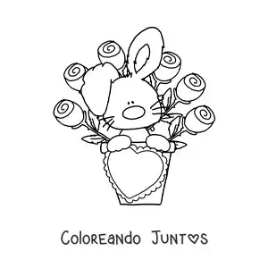 Imagen para colorear de tierno conejo animado con un ramo de rosas y un corazón